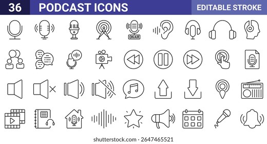 Set of 36 outline icons related to podcast. Linear icon collection. Editable stroke. Vector illustration. This set of 36 clean line icons perfectly encapsulates the world of podcasting.