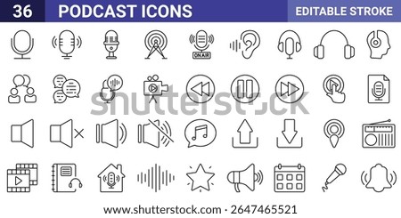 Set of 36 outline icons related to podcast. Linear icon collection. Editable stroke. Vector illustration. This set of 36 clean line icons perfectly encapsulates the world of podcasting.