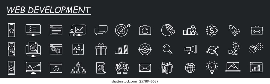 Set of 36 outline web development and seo icons such as UX UI, mobile development, pie chart, write, server, growth chart, www, graphs, world time vector thin line icons for web design, mobile app. 