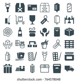 Set of 36 package filled and outline icons such as paints, present, cart cargo, parcel, chinese fast food, drop counter, box, question box, cargo box, handle with care