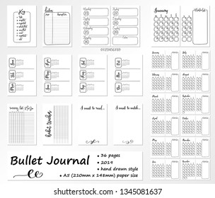 Set of 36 pages for Bullet Journal on 2019 year. Diary template. 