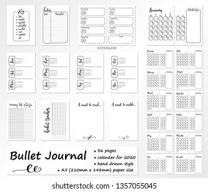 Set of 36 pages for Bullet Journal with calendar on 2020 year. Diary template. 