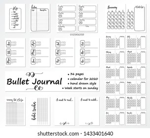 Set of 36 pages for Bullet Journal with caledar on 2020 year  with a week that starts from Sunday. Diary template. 