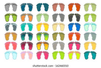 Set of 36 pairs of footprints in different colors
