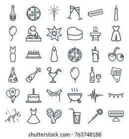 Set of 36 party outline icons such as cake with one candle, sparklers, vegas, dress, opened champagne, disco ball, dj, barbeque, cake, champagne bottle with heart, heart cake