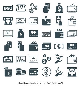 Set of 36 pay filled and outline icons such as credit card, wallet, money on hand, atm money withdraw, cash payment, creadit card payment, check, dollar sign