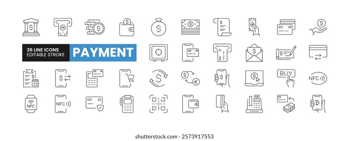 Set of 36 Payment line icons set. Payment outline icons with editable stroke collection. Includes ATM, Cash, Credit Debit Card, Cryptocurrency, NFC, and More.