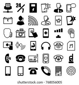 Set of 36 phone filled and outline icons such as baby monitor phone, signal, 24 hours support, hand on smartphone, important message, touchscreen, support, headset, call