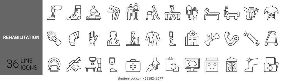 Set of 36 Physiotherapy, rehabilitation icons. Prosthetics Vector Illustration. medicine and health flat design signs and symbols with elements for mobile concepts and web apps.
