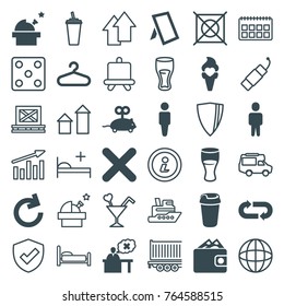 Set of 36 pictogram filled and outline icons such as mouse toy, hanger, man, drink, observatory, ice cream, teacher, cancel, reload, photo, wallet, arrow up, board, dice