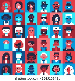 Set of 36 pixel art faces with unique expressions and diverse features, rendered in 8-bit style, male and female avatars, varied hairstyles, accessories, skin tones. Retro video games, user interface.