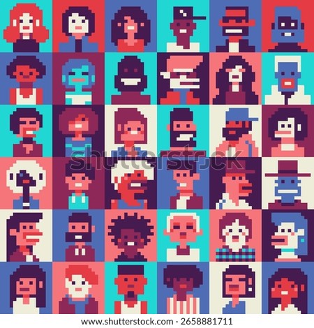 Set of 36 pixel art faces with unique expressions and diverse features, rendered in 8-bit style, male and female avatars, varied hairstyles, accessories, skin tones. Retro video games, user interface.