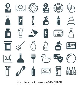 Set of 36 plastic filled and outline icons such as baby bottle, spray bottle, hair curler, soap, card protection, put money on card, protein powder, badge, credit card
