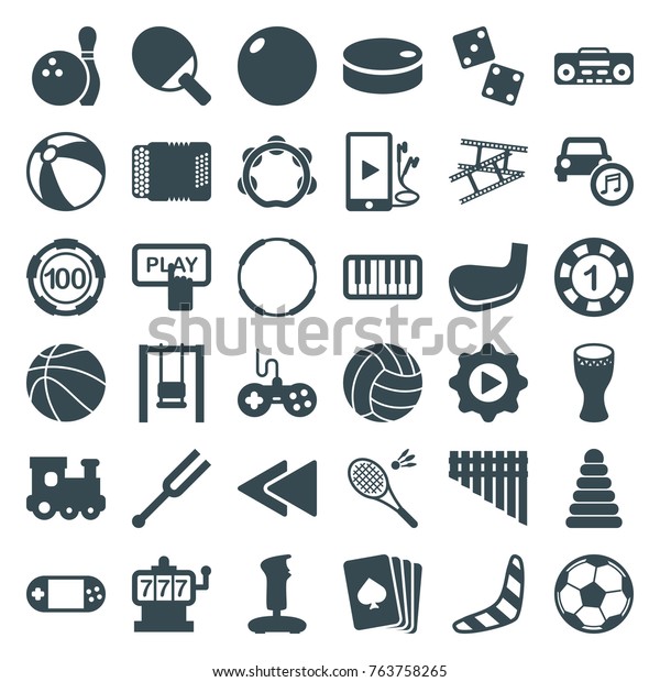 Set of 36 play filled icons\
such as pyramid, beach ball, train toy, joystick, boomerang,\
pllaying card, finger pressing play button, slot machine, 1 casino\
chip