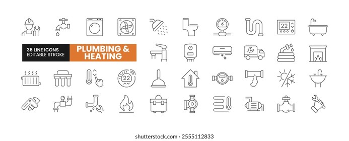 Set of 36 Plumbing and Heating line icons set. Plumbing and Heating outline icons with editable stroke collection. Includes Plumber, Pipeline, Repair, Boiler, Radiator, and More.