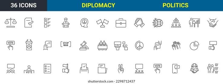 Conjunto de 36 Política y diplomacia. Iconos de línea de vectores relacionados con la votación. Levantando las manos, votando por vía electrónica y más. Stroke Editable