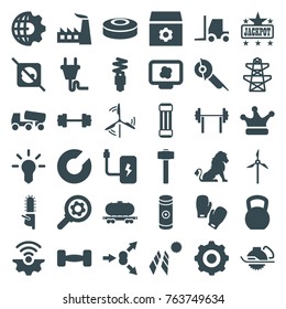 Set of 36 power filled icons such as lion, jackpot, factory, gear, tractor, concrete mixer, electric saw, pylon, chainsaw, barbell, expander sport, kettle bell, garden hammer