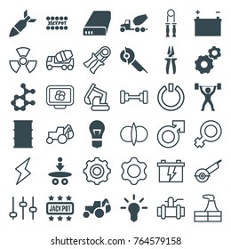 Set of 36 power filled and outline icons such as gear, excavator, electric saw, barrel, atom, bulb, battery, power lifter, rocket bomb, factory, barbell, concrete mixer, pump