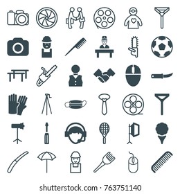 Set of 36 professional filled and outline icons such as comb, glove, tie, worker, screwdriver, movie tape, golf, horizontal bar, gardening knife, operator, doctor