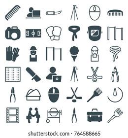 Set of 36 professional filled and outline icons such as comb, glove, coloring brush, tie, man with laptop, toolbox, worker, pliers, camera, golf, horizontal bar