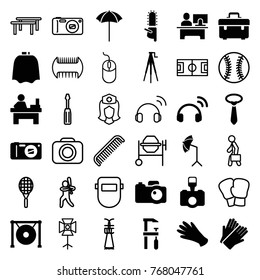 Set of 36 professional filled and outline icons such as hairdresser peignoir, gloves, tie, table, toolbox, chainsaw, gong, camera, camera tripod, studio umbrella, headset