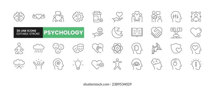 Set of 36 Psychology line icons set. Psychology outline icons with editable stroke collection. Includes Anxiety, Happiness, Empathy, Pills, Consultant, and More.