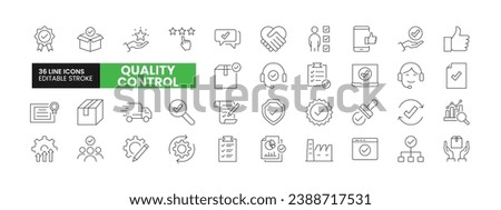 Set of 36 Quality Control line icons set. Quality Control outline icons with editable stroke collection. Includes Quality Check, Inspection, Evaluation, Production, Improvement and More.