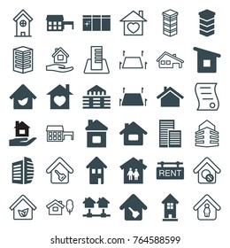 Set of 36 real filled and outline icons such as building, business center, home, family house, house, home with heart, rent tag, land territory