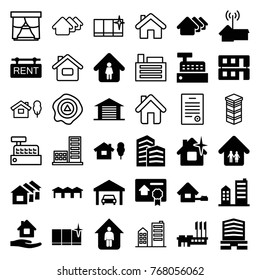 Set of 36 real filled and outline icons such as house, home care, clean house, clean window, business center, man in home, building, rent tag, garage, window