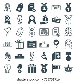Set of 36 ribbon filled and outline icons such as award, medal, tag, sale, diploma, heart baloons, present, gift on hand, ribbon on hand, ribbon, 1st place star, ranking