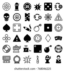 Set of 36 risk filled and outline icons such as spades, casino chip and money, 100 casino chip, dice, spider web, slot machine, domino, exclamation, warning, bomb, dynamite