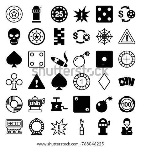 Set of 36 risk filled and outline icons such as spades, casino chip and money, 100 casino chip, dice, spider web, slot machine, domino, exclamation, warning, bomb, dynamite