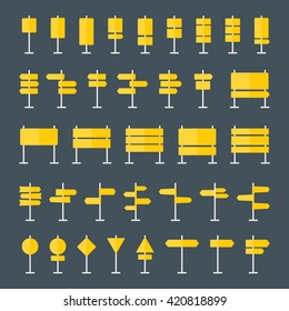 Set of 36 road signs, pointers and boards flat icons. Collection of signpost in flat style. Blank guide sign templates in yellow colors for navigational text. EPS8 clean vector illustration.