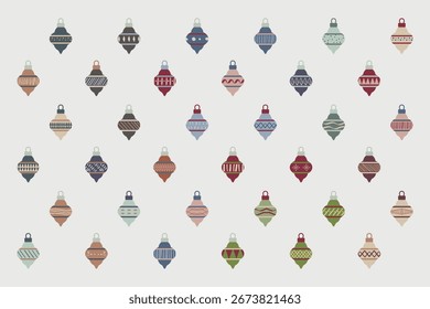 Set of 36 round drop Christmas ornaments in Scandinavian flat design with hand-drawn geometric patterns and festive colors, isolated on white background for holiday cards, decor and seasonal projects.