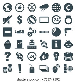 Set of 36 round filled icons such as thunder, baby, hair dryer, dollar, mouse, vice clamp, globe, minus, info, question, clock, beach ball, cake, ferris wheel, muffin, coin