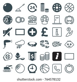 Set of 36 round filled and outline icons such as hair dryer, belt, globe, pizza, boiled egg, dollar sign, pound, coin, bowling ball, 24 support, no sound, burst, thunder, baby
