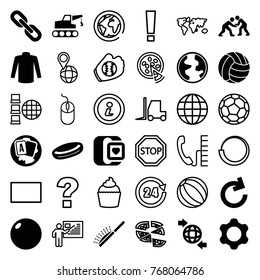 Set of 36 round filled and outline icons such as sweater, hockey puck, bowling ball, qround the globe, reload, judo, volleyball, gear, chain, mouse, tractor, globe, world map