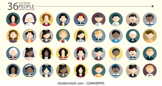 Set of 36 round flat style design people avatars. Colorful vector icons of different nationality people. Character circle avatar collection for social. vector icons