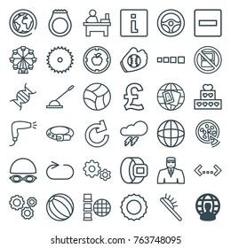 Set of 36 round outline icons such as user globe, no laptop, thunder, hair dryer, hair brush, belt, globe, security guy, table, blade saw, minus, info, sun, beach ball, cake