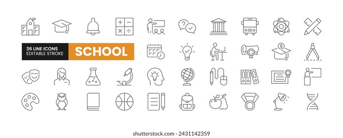 Set of 36 School line icons set. School outline icons with editable stroke collection. Includes School, Teacher, Books, E-Learning, Sports, and More.