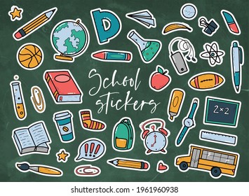 Set of 36 school supplies stickers isolated on green chalkboard. Good for prints, cards and invitations decor, paper crafts, scrapbooking, stationary and products. EPS 10