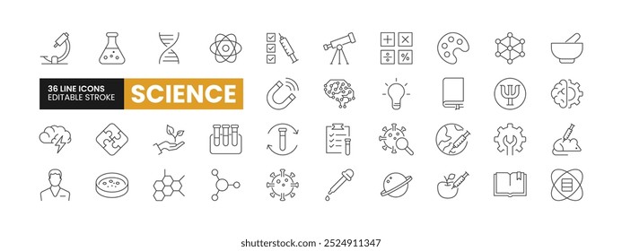 Conjunto de 36 ícones da linha Ciência. Ícones de resumo científico com coleção de traços editável. Inclui Astronomia, Ciência de Dados, Física, Cientista, Química Orgânica e Muito Mais.