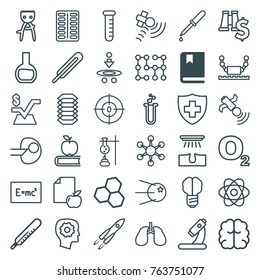 Set of 36 science outline icons such as book, thermometer, hair removal, gear in head, brain, mathematical square, apple on book, test tube, chemical structure, o2 oxygen