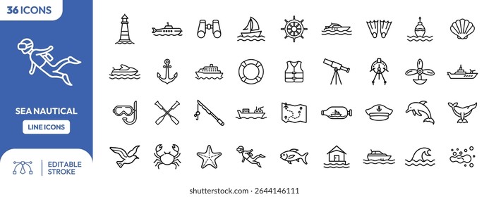 Set of 36 sea and nautical themed line icons. Includes boats, marine animals, and diving equipment.