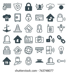 Set of 36 security filled and outline icons such as siren, lock, anchor, cloud protection, lock home, chain, wire fence, water military, scarecrow, briefcase with weapon