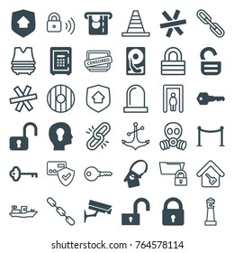 Set of 36 security filled and outline icons such as lock, red carpet barrier, open lock, safe, head with keyhole, key, home key tag, home security, hard disc, wire fence