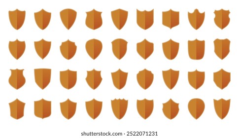 A set of 36 shield icons, pointed shield logos, rounded shield, tall and short shields. Collection of gold shield icons. Shields icons set. Set of shields on isolated background. Protection, security