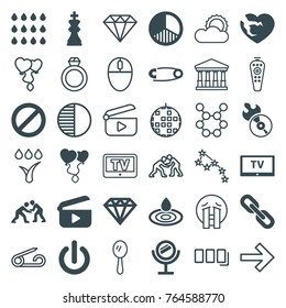Set of 36 shiny filled and outline icons such as water drop, diamond, broken heart, heart balloons, disc flame, prohibited, brightness, drop, judo, chess king, tv, switch off