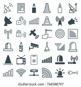 Set of 36 signal filled and outline icons such as transmitter, siren, candle, satellite, tv, camera, signal, security camera, router, parking, cone barrier, cone, door ringer