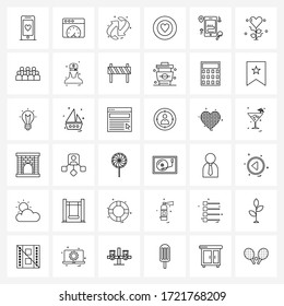 Set von 36 Symbolen für einfache Linie für Web und Print, z. B. Smartphone; Valentin; Geschwindigkeit; Herz; Vektorgrafik wiederherstellen